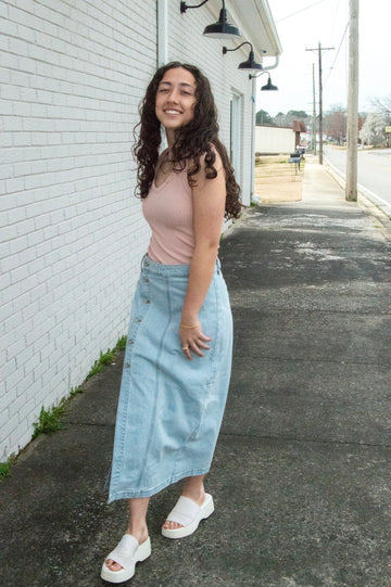 Jodi Midi Skirt with Button Up Slit- Super Light Denim