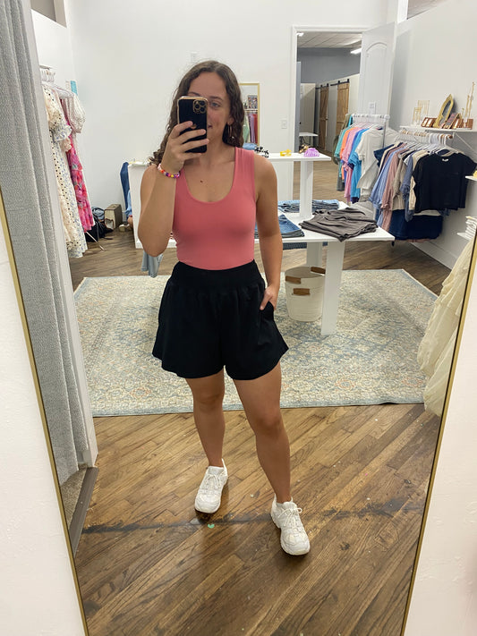 Sydney Smocked Waist Athleisure Shorts - Black