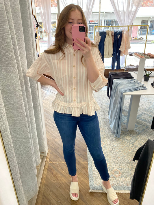 Hazel Striped Button Up Pleated Top - Light Pink