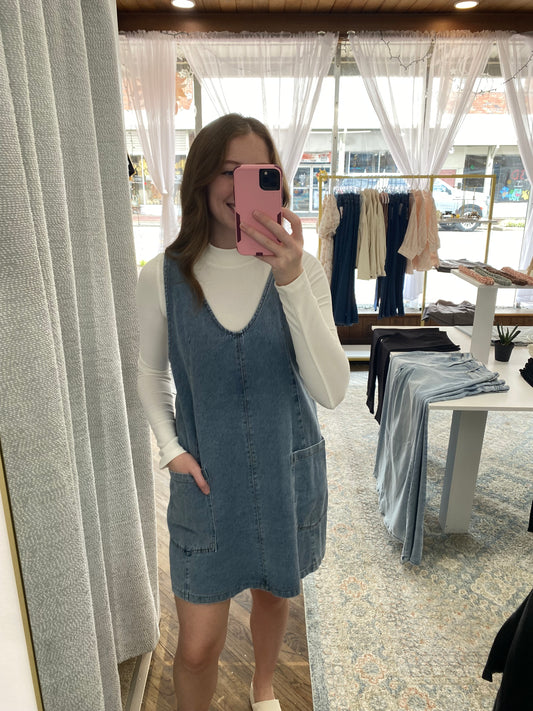 Ellie Overall Denim Mini Dress - Washed Denim