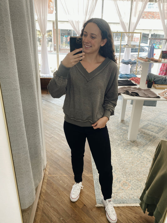 Lacie Waffle Texture Long Sleeve Top - Charcoal