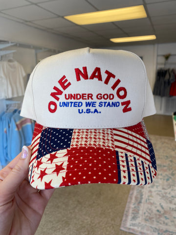 ONE NATION UNDER GOD Embroidered Patchwork Brim Trucker Hat