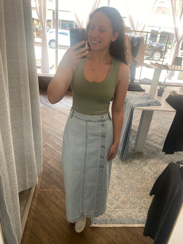 Jodi Midi Skirt with Button Up Slit- Super Light Denim