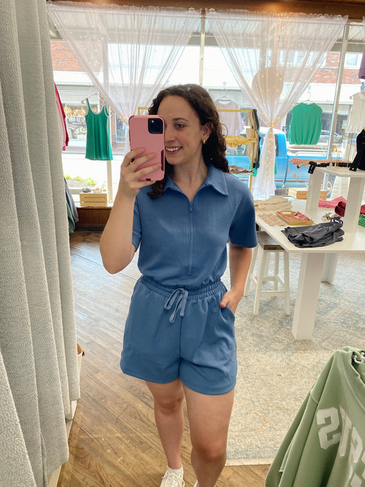 Bennett Quarter Zip Romper - Paradise Blue