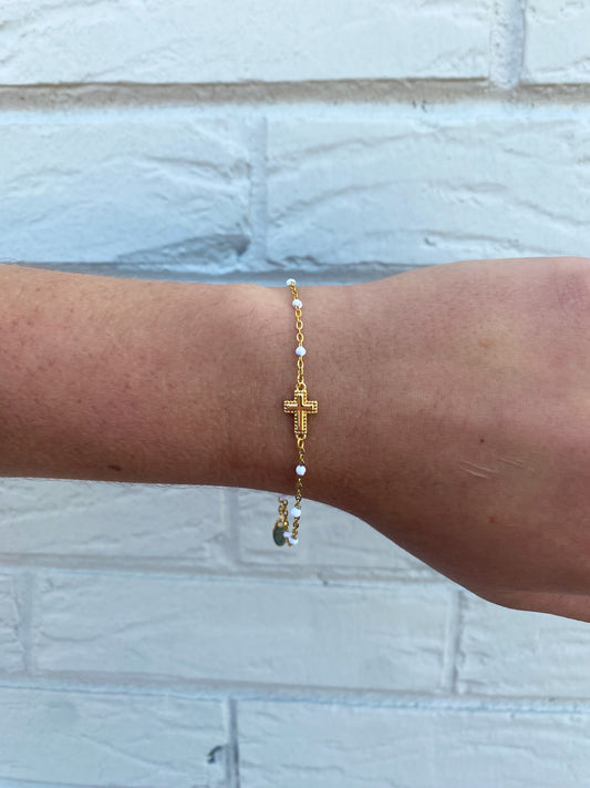 Sadie Dainty Cross Bracelet with White Color Dots