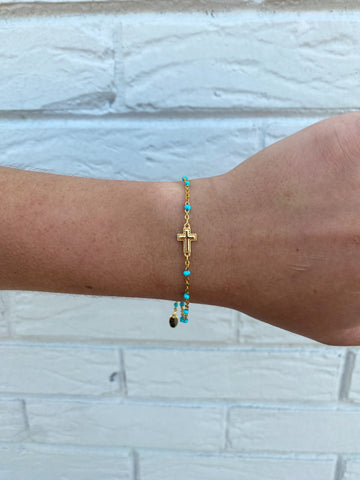 Sadie Dainty Cross Bracelet with Blue Mint Color Dots