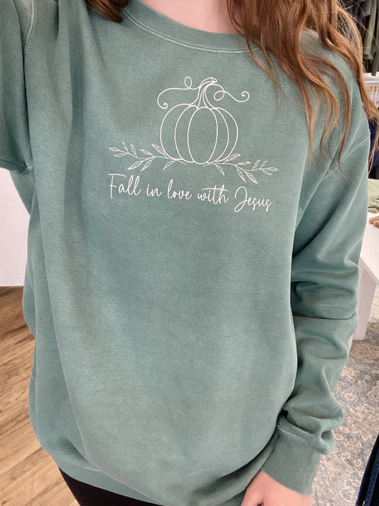 Fall in Love with Jesus Sweatshirt - Light Green