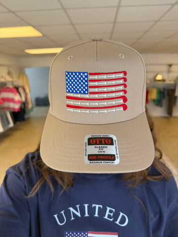 Golf Club American Flag Embroidery Two-Tone Trucker Hat - Khaki