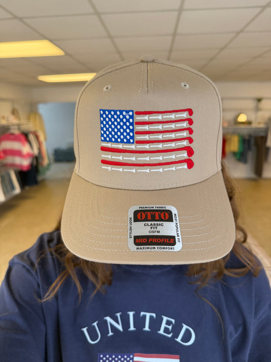 Golf Club American Flag Embroidery Two-Tone Trucker Hat - Khaki