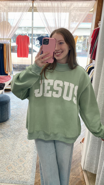 'JESUS' Embroidered Mock Neck Sweatshirt - Sage