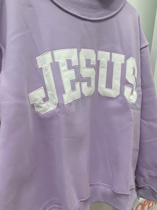 ‘JESUS’ Embroidered Mock Neck Sweatshirt - Lavender