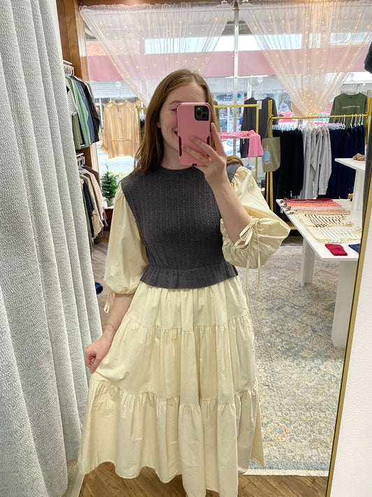 Kit Sweater Mixed Midi Dress - Grey