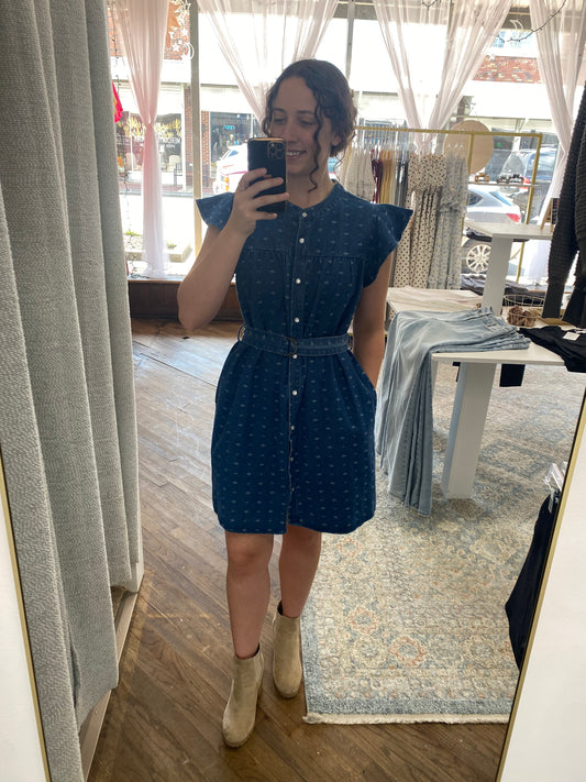 Paige Ruffled Sleeve Denim Dress - Denim Blue
