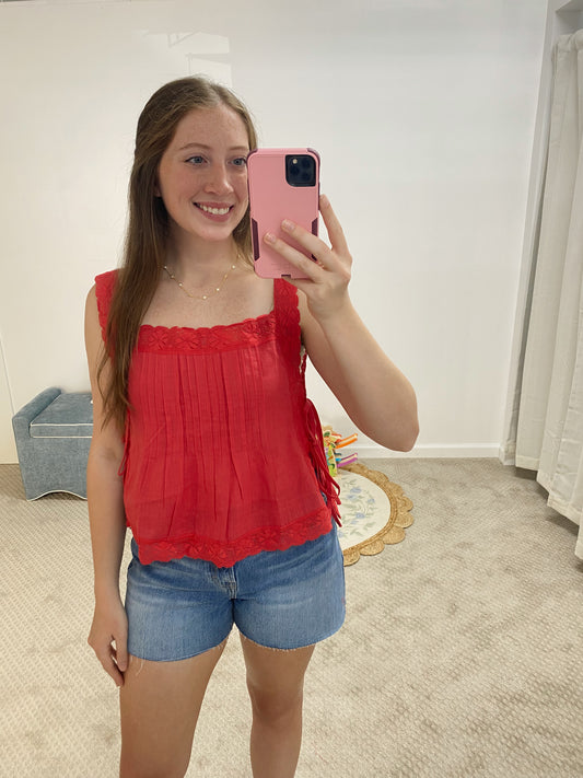 Hannah Lace Trim Side Typing Top - Tomato Red