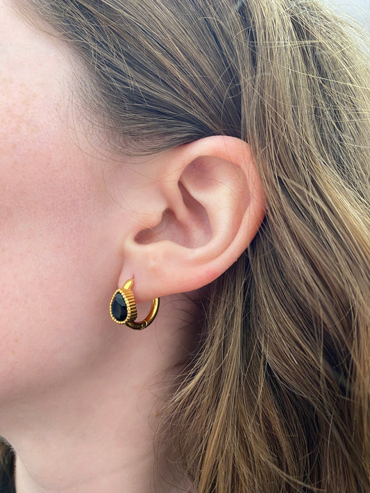 Kim Black Gemstone Hoop Earrings - Gold