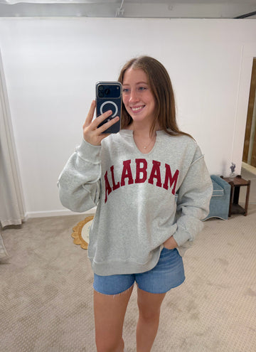 'Alabama/AL' Reversible Oversized Pullover - Heather Grey