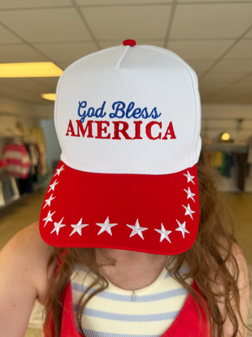 GOD BLESS AMERICA Embroidered Star Brim Trucker Hat - Red