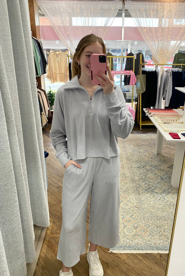 Cole Rib Knit Wide Leg Pants - Heather Grey