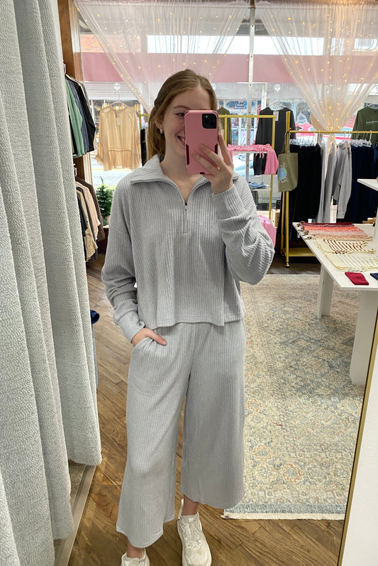 Cole Rib Knit Wide Leg Pants - Heather Grey