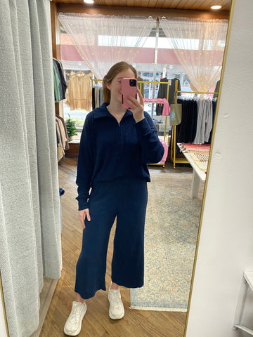 Cole Rib Knit Wide Leg Pants - True Navy