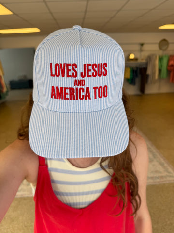 Love Jesus and America Too Embroidered Seersucker Hat - Blue