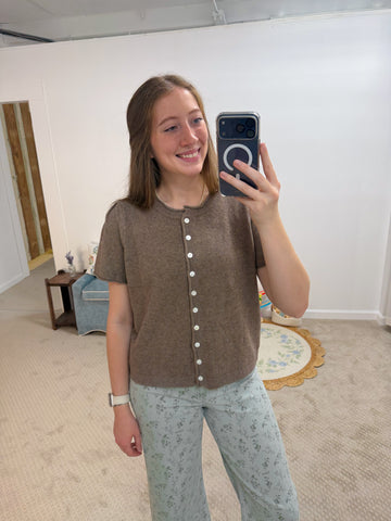 Eleanor Short Sleeve Sweater Cardigan - Mocha