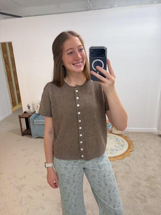 Eleanor Short Sleeve Sweater Cardigan - Mocha