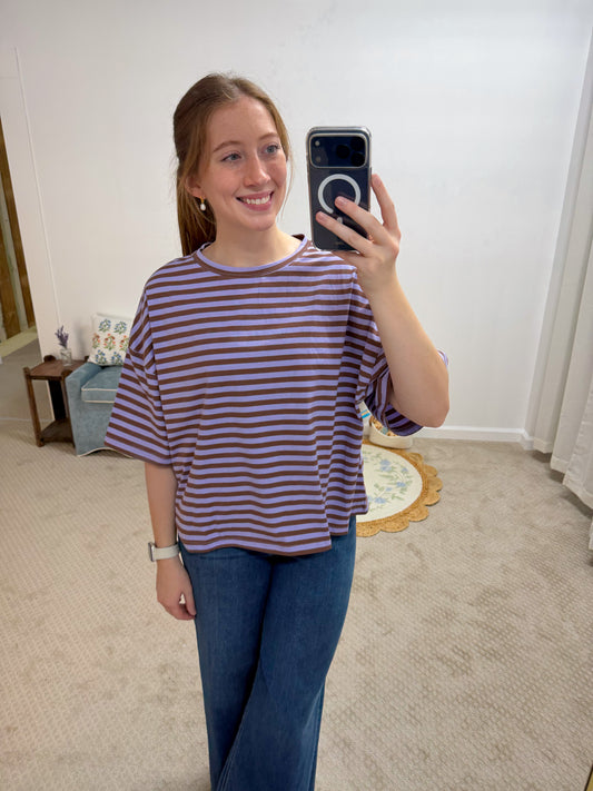 Casey Oversized Stripe Boyfriend Tee - Violet/Brown