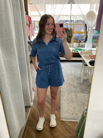 Bennett Quarter Zip Romper - Paradise Blue