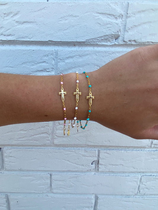 Sadie Dainty Cross Bracelet with Pink Color Dots