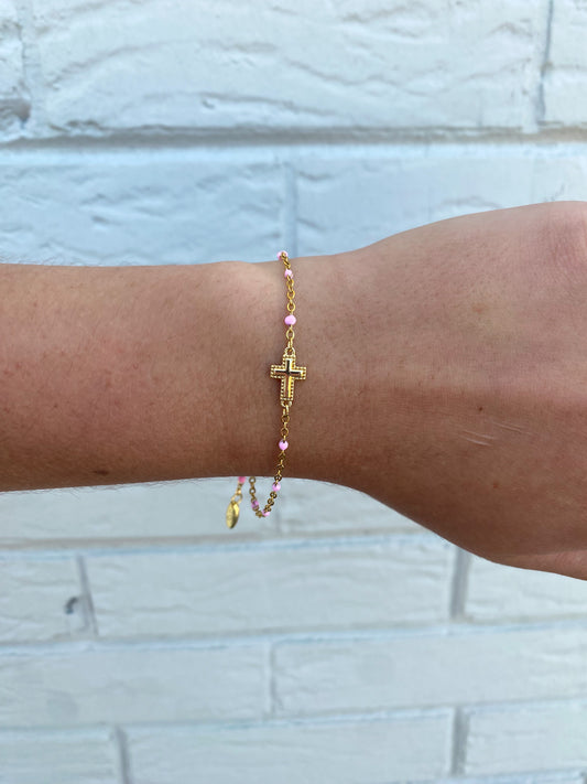 Sadie Dainty Cross Bracelet with Pink Color Dots