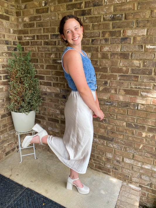Audrey Satin Midi Skirt - Pearl