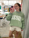 'JESUS' Embroidered Mock Neck Sweatshirt - Sage