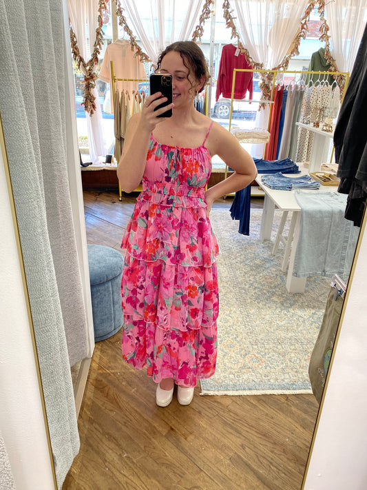 Lola Multi-Floral Midi Dress - Pink