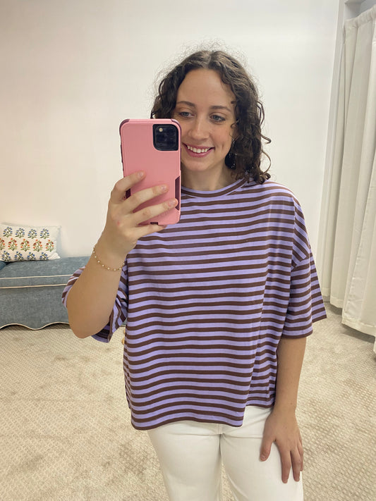 Casey Oversized Stripe Boyfriend Tee - Violet/Brown
