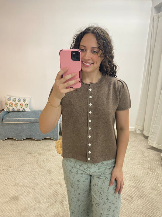 Eleanor Short Sleeve Sweater Cardigan - Mocha