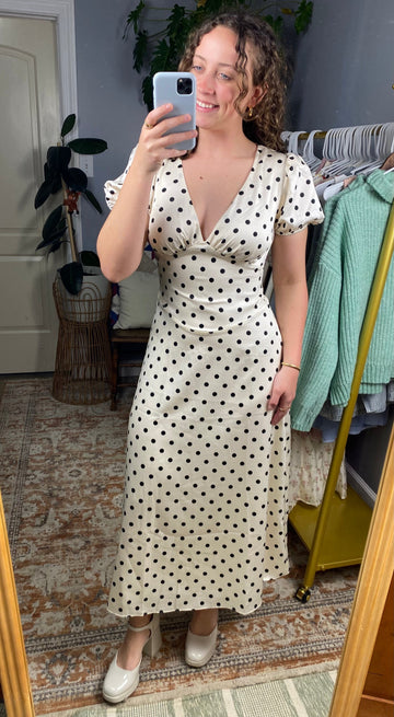 Anita Ivory Midi Dress with Black Polka Dots - Imperfect Item