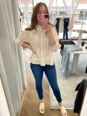 Hazel Striped Button Up Pleated Top -  Light Pink