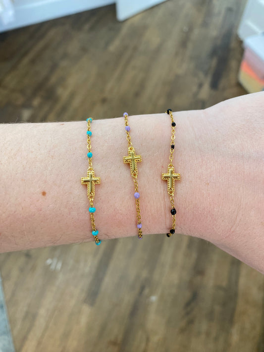 Sadie Dainty Cross Bracelet with Black Color Dots