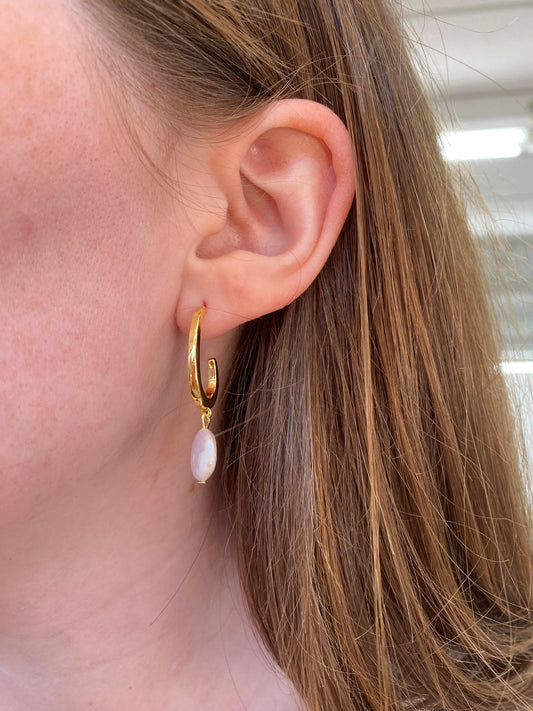 Shelby Dangle Pearl Hoop Earrings - Gold