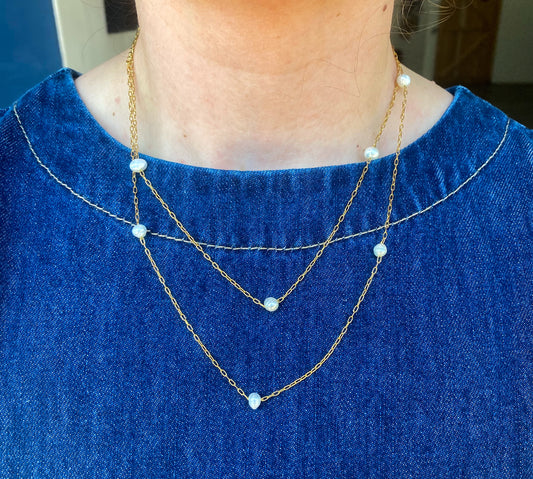 April Long Chain Pearl Necklace - Gold