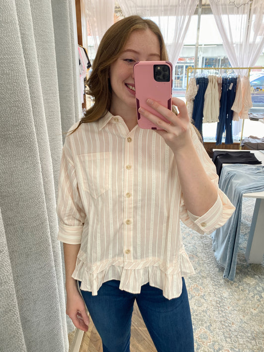 Hazel Striped Button Up Pleated Top -  Light Pink